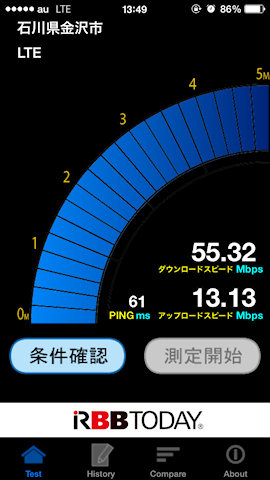 [職場(金沢市)でのLTE通信速度(au版iPhone 5)]